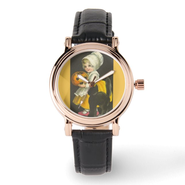 Pulsera Reloj de Halloween con gato negro de calabaza chic (Anverso)