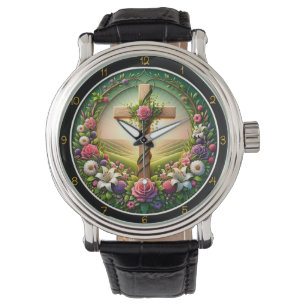 Pulsera Reloj de jardín con cruz de bienvenida floral