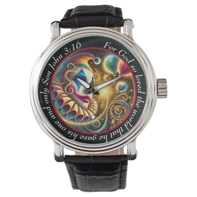 Pulsera Reloj de John 3:16 payaso alegre fe (Anverso)