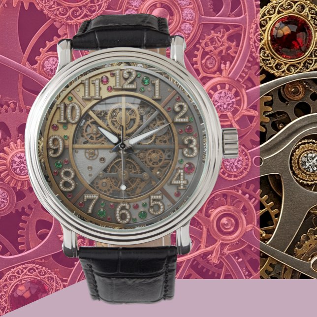 Pulsera Reloj de joyas de época, Steampunk, diamantes, oro (Industrial Steampunk Mechanical Jeweled Watch)