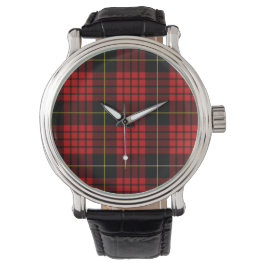Pulsera Reloj de la correa de cuero negro rojo tartán vint