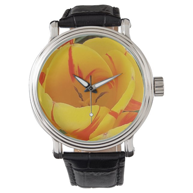 Pulsera Reloj de la correa negra del tulipano amarillo (Anverso)