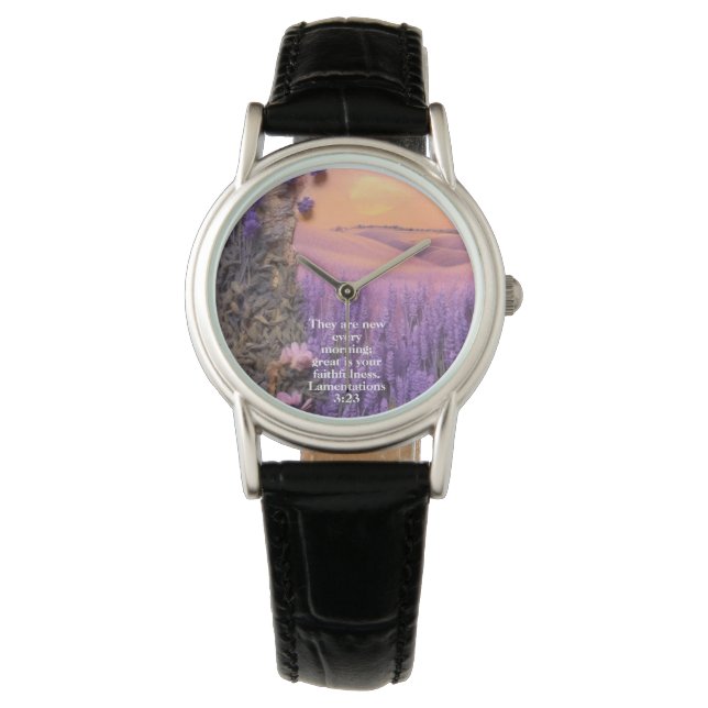 Pulsera Reloj de lavanda Lamentaciones 3:23 (Anverso)
