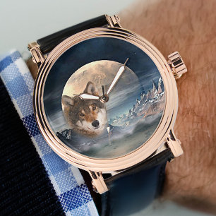 Pulsera Reloj de lobo de paisajes de fantasía de la luna l