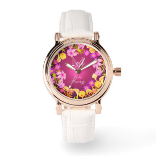 Pulsera Reloj de magenta monogramo de guirnalda botánica