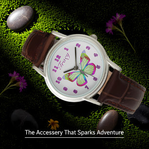 Pulsera Reloj de mariposas de correa de cuero marrón