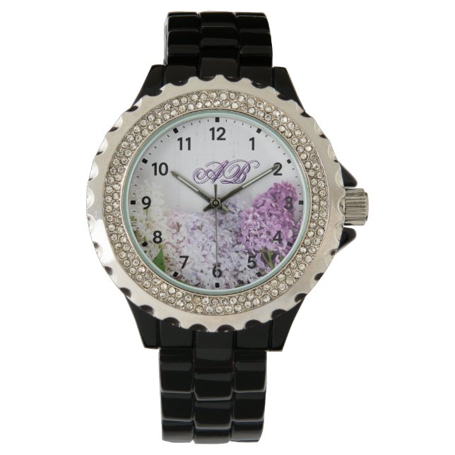 Pulsera Reloj de Monograma de Lila | Reloj de Piedras Prec (Anverso)