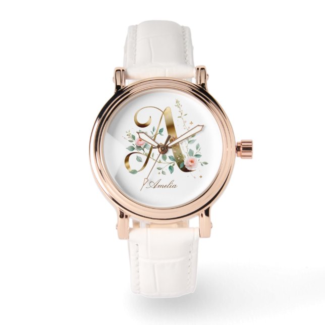 Pulsera Reloj de monograma floral dorado elegante inicial  (Anverso)