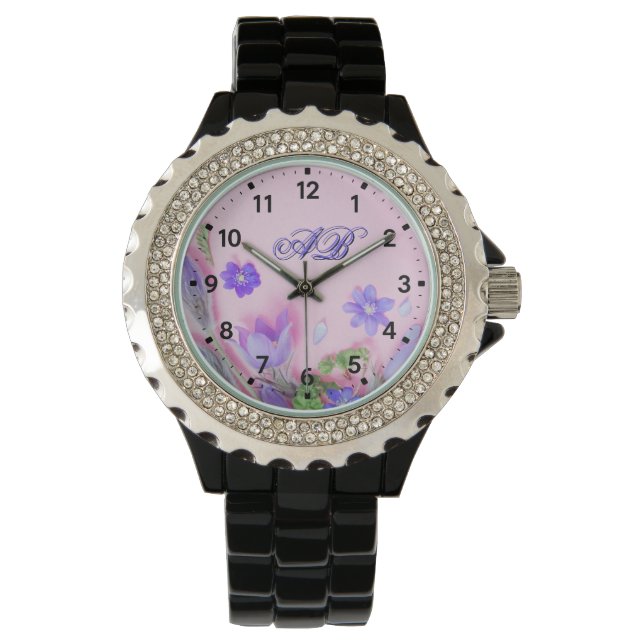 Pulsera Reloj de monograma floral | Rhinestone flores silv (Anverso)