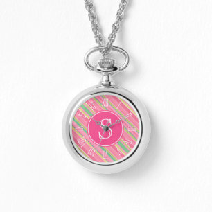 Pulsera Reloj de monograma gráfico con rayas rosas y verde