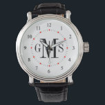 Pulsera Reloj de monograma personalizado de clase masculin<br><div class="desc">Elegante y elegante, limpio y simple relojes monogramados personalizados para el hombre especial en su lista de regalos. Los números clásicos fáciles de leer con marcas de hash grises y puntos rojos en la cara blanca. Negrita y sofisticada para los caballeros de estilo tradicional. Haga clic en Personalizar para cambiar...</div>
