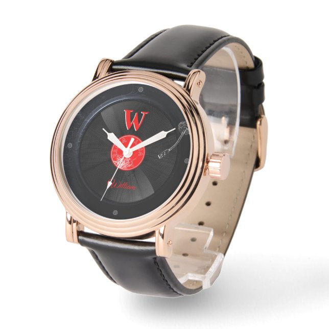 Pulsera Reloj de monograma personalizado de disco de vinil (Ángulo)
