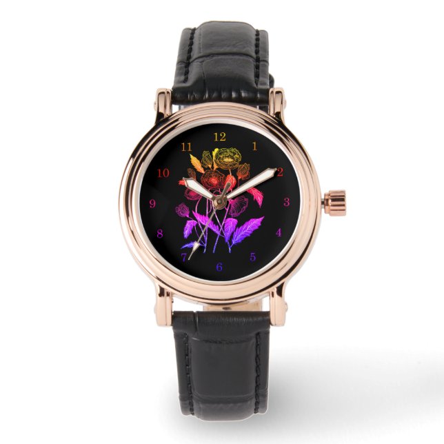 Pulsera Reloj de mujer floral negro (Anverso)