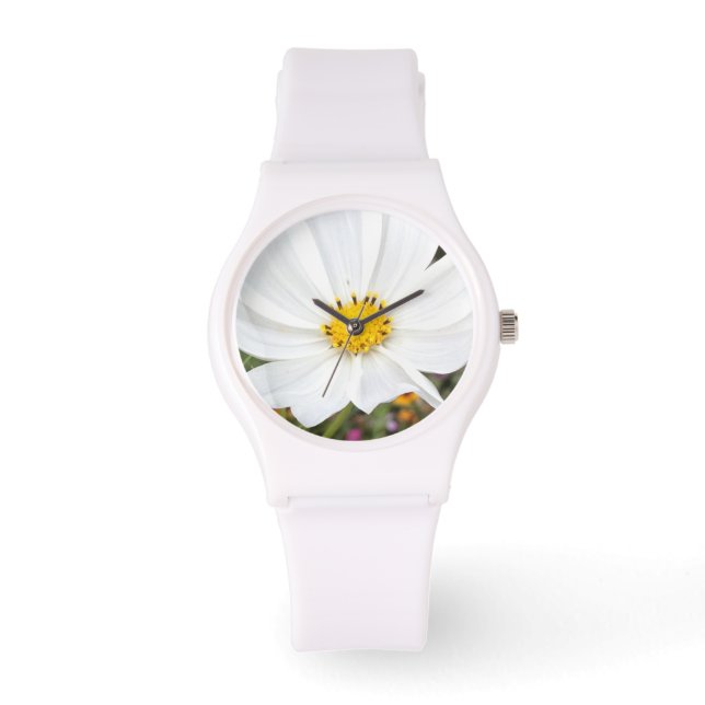Pulsera Reloj de mujer jardín de flores cosmos blancas (Anverso)