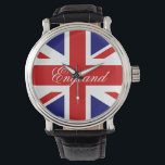 Pulsera Reloj de muñeca de la bandera británica<br><div class="desc">Reloj de muñeca de la bandera británica | Huella de reloj de Union Jack. Personalizable con su propio texto o nombre personalizado. Idea de regalo más barata para los eventos nacionales y reales de Gran Bretaña. Colores de la bandera inglesa; blanco rojo y azul.</div>
