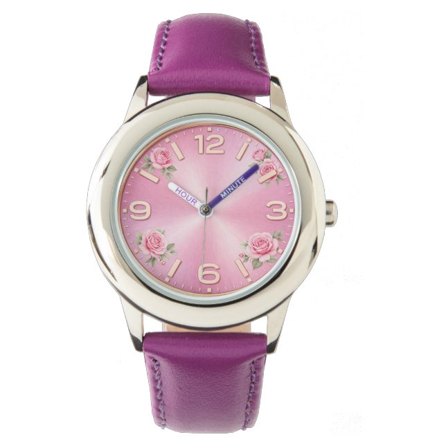 Pulsera Reloj de niñas floral rosa con rosas (Anverso)