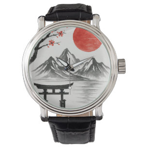 Pulsera Reloj de paisaje montañoso con sol rojo japonés