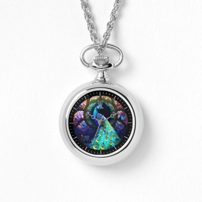 Pulsera reloj de pavo real de vidrio manchado (Anverso)