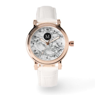 Pulsera Reloj de piedra de mármol blanco con letra monogra