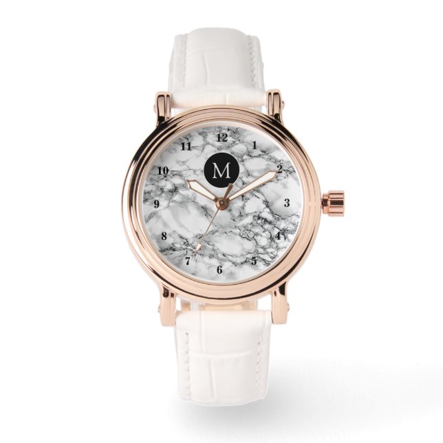 Pulsera Reloj de piedra de mármol blanco con letra monogra (Anverso)