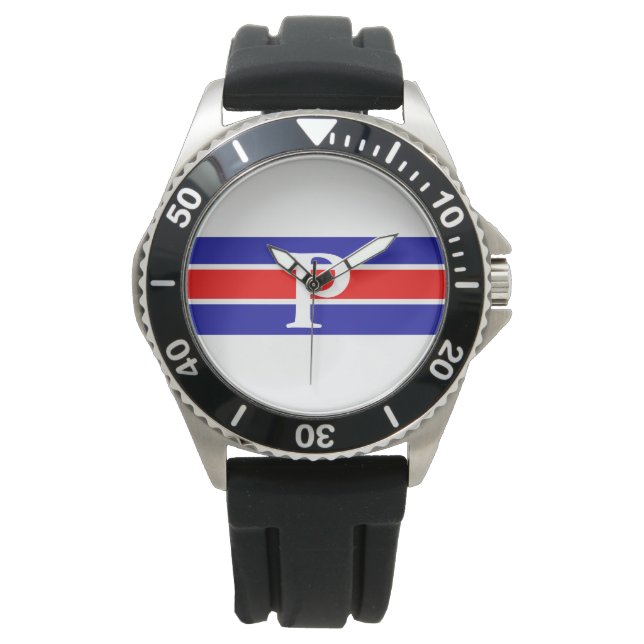 Pulsera Reloj de rayas azul y rojo-blanco monogramado (Anverso)