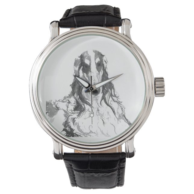 Pulsera Reloj De Retrato De Borzoi Blanco Y Negro (Anverso)