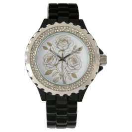 Pulsera Reloj de Rosa Floral Blanco y Dorado Elegante – Lu