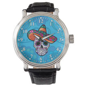 Pulsera Reloj de Sombrero Mexicano de Cráneo de Azúcar