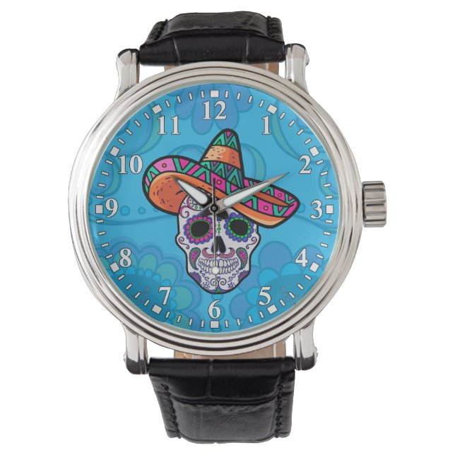 Pulsera Reloj de Sombrero Mexicano de Cráneo de Azúcar (Anverso)