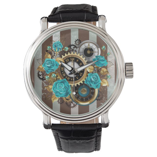 Pulsera Reloj de vapor y Rosas turquesa a rayas (Anverso)