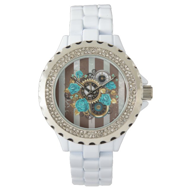 Pulsera Reloj de vapor y Rosas turquesa a rayas (Anverso)