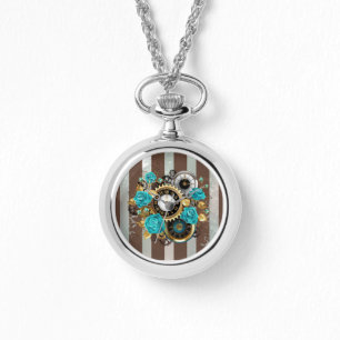 Pulsera Reloj de vapor y Rosas turquesa a rayas