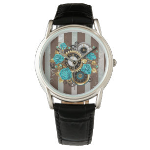 Pulsera Reloj de vapor y Rosas turquesa a rayas