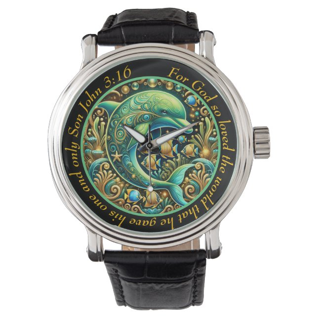 Pulsera Reloj elegante de delfín John 3:16 Gracia Divina (Anverso)