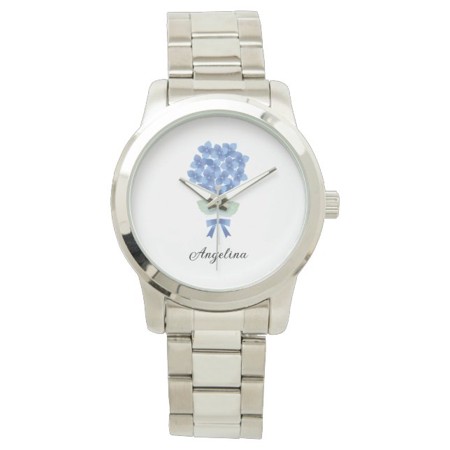 Pulsera Reloj elegante de flores azules personalizado (Anverso)