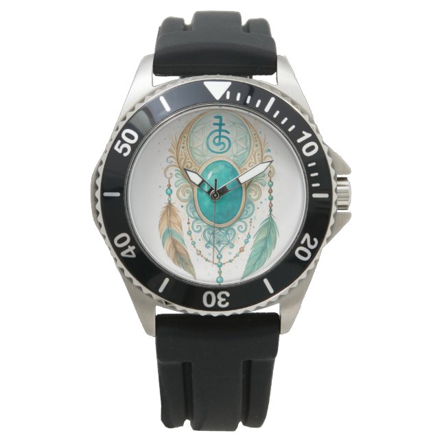 Pulsera Reloj espiritual de Reiki con gema de turquesa y S (Anverso)