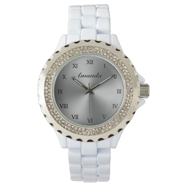 Pulsera Reloj femenino de esmalte blanco con dial metálico (Anverso)