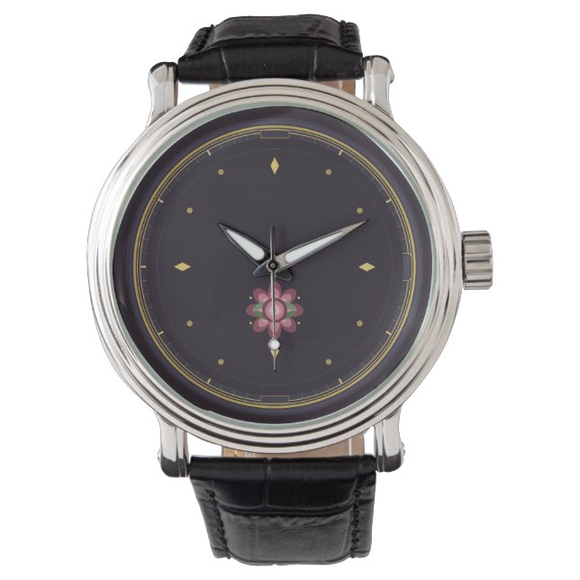 Pulsera Reloj floral de lujo oscuro | Dia botánico en oro  (Anverso)