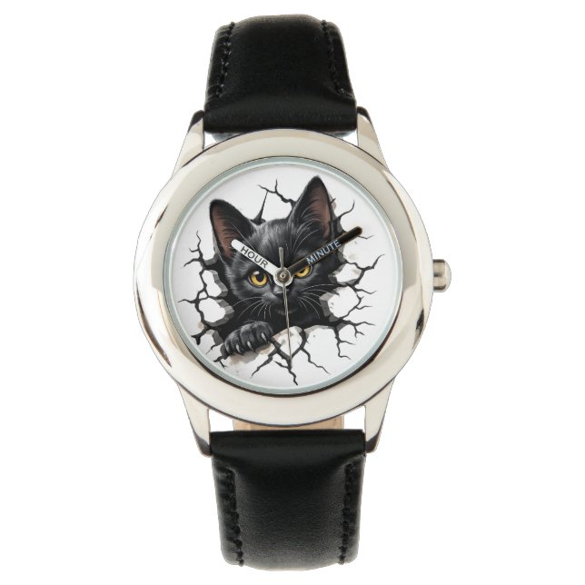 Pulsera Reloj infantil de gato negro lindo con ilustración (Anverso)