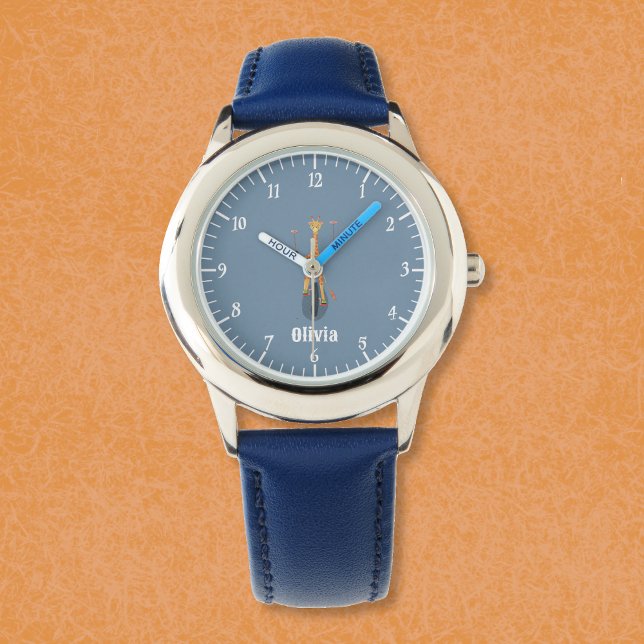 Pulsera Reloj infantil de jirafa en monociclo azul con nom (Funny giraffe on a unicycle kid personalized beginner watch .)