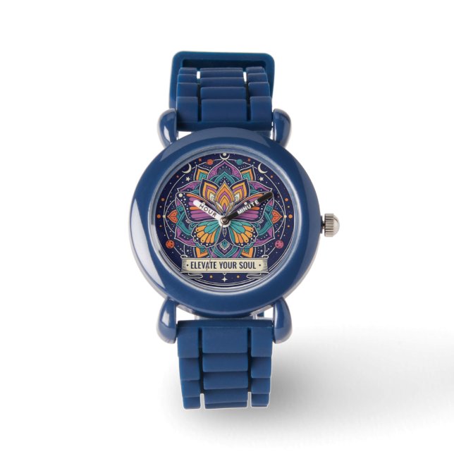 Pulsera Reloj Mandala de Mariposa Azul 'Eleva Tu Alma' (Anverso)