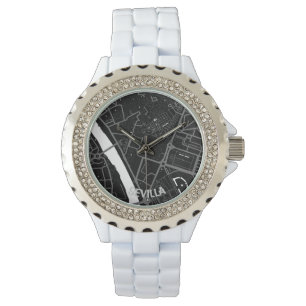 Pulsera Reloj mapa minimalista de Sevilla - Negro-blanco