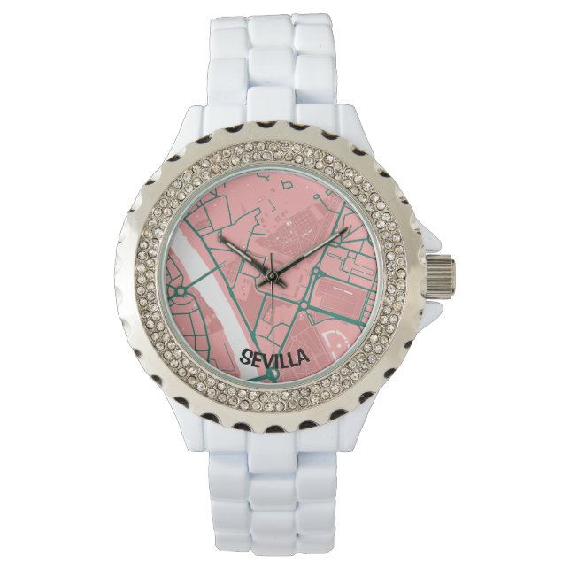 Pulsera Reloj mapa minimalista de Sevilla - Rosa-Verde (Anverso)
