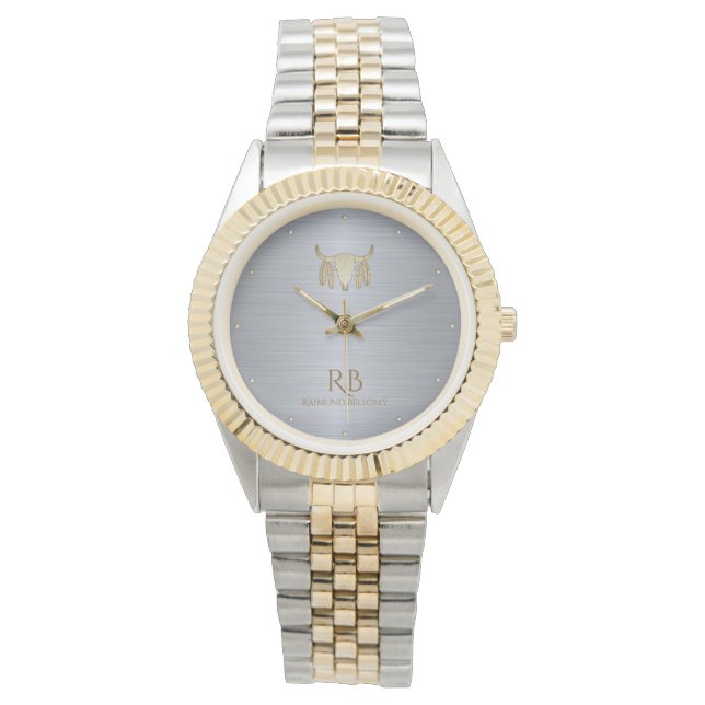 Pulsera Reloj metálico con cráneo de búfalo dorado (Anverso)