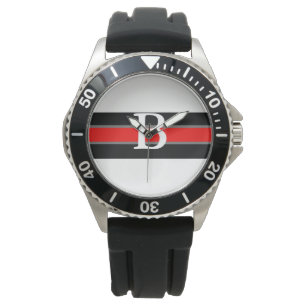 Pulsera Reloj monogramado de rayas negras y rojas