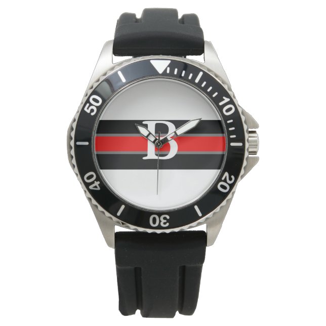 Pulsera Reloj monogramado de rayas negras y rojas (Anverso)