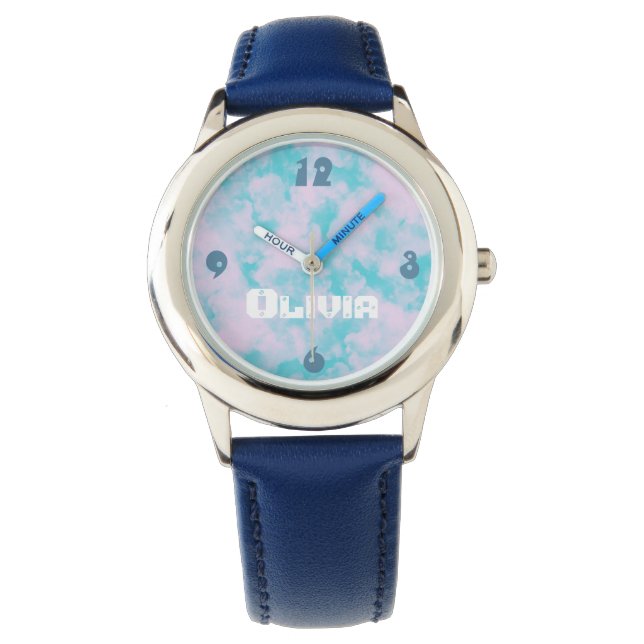 Pulsera Reloj personalizado de las nubes de cielo azul y r (Anverso)
