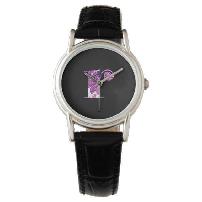 Pulsera Reloj R de monograma floral azul morado (Anverso)
