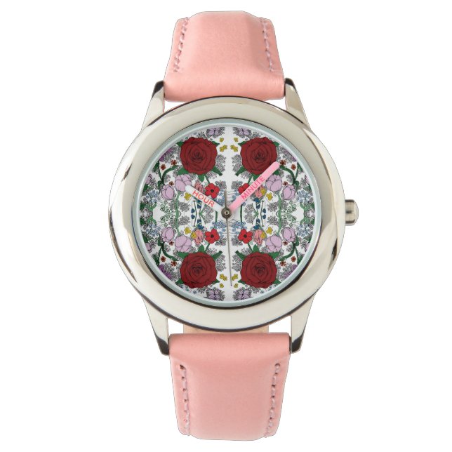 Pulsera Reloj rosa de acero inoxidable Kaleidoscope floral (Anverso)