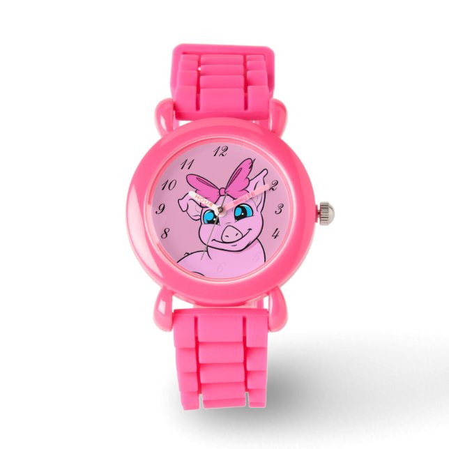Pulsera Reloj rosa de cerdo Chica circular editable (Anverso)